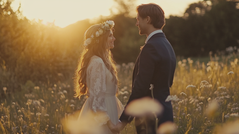 Nowożeńcy na polanie podczas sesji plenerowej.