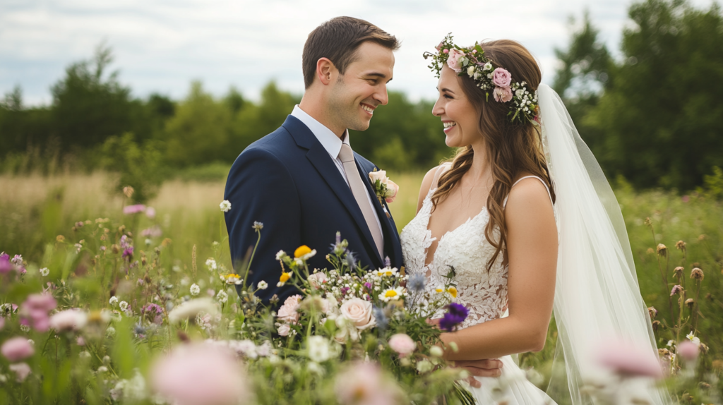 Sesja plenerowa na polanie dla nowożeńców