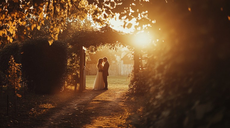 Klimatyczne zdjęcie pary młodej stojącej w rustykalnej bramie.