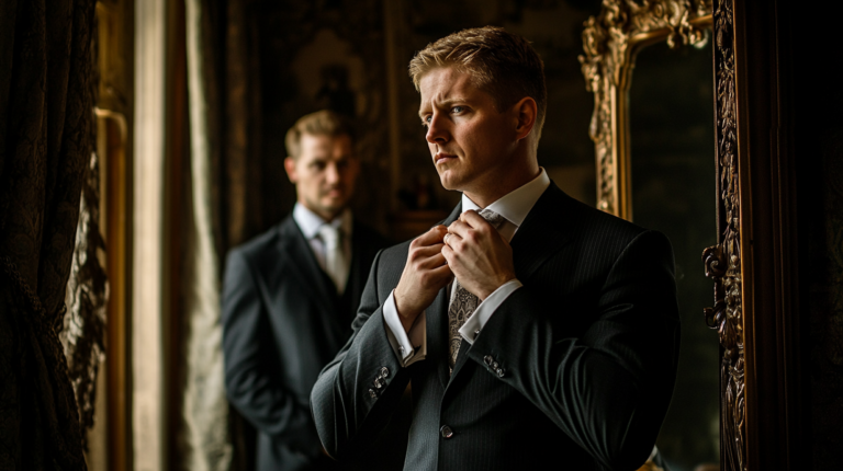 pan młody poprawiający krawat w trakcie przygotowania do ślubu.