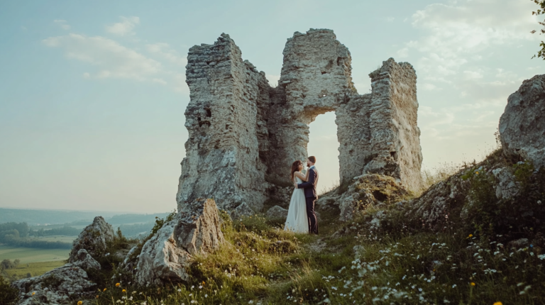 Pan Młody i Panna Młoda pozujący do sesji ślubnej na tle ruin.