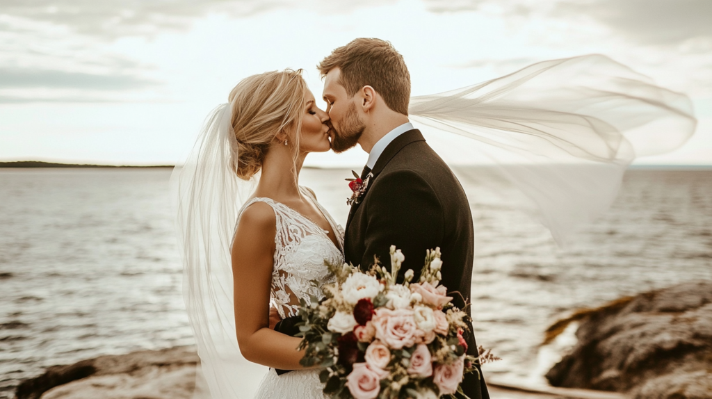 pocałunek Pana i Panny Młodej nad morzem podczas sesji ślubnej.