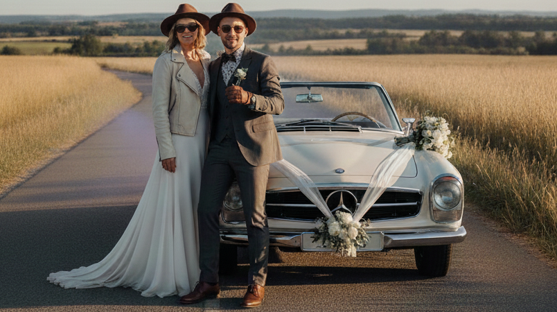 Obraz pokazujący ślubną parę pozującą do zdjęcia z klasycznym, białym kabrioletem na tle sielskiego krajobrazu