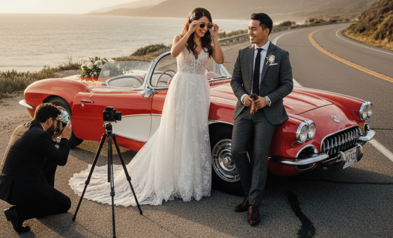 Obraz pokazujący scenę sesji ślubnej na malowniczej, krętej drodze wzdłuż wybrzeża, prawdopodobnie podczas zachodu słońca