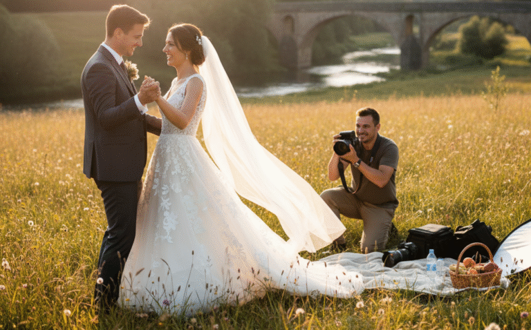 Obraz pokazujący parę młodą podczas sesji ślubnej w malowniczym plenerze, o zachodzie słońca
