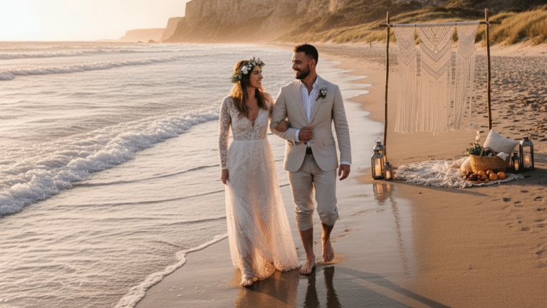 Obraz pokazujący parę młodą idącą boso brzegiem morza, trzymając się pod rękę