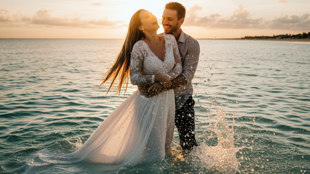 Obraz pokazujący parę młodą w wodzie, zanurzoną mniej więcej do pasa, podczas zachodu słońca