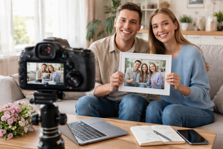 Na obrazie widać realistyczną scenę domową przedstawiającą proces nagrywania filmu z podziękowaniami dla rodziców