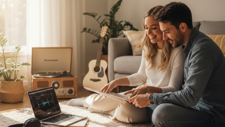 grafika przedstawia realistyczną, ciepłą scenę domową, która idealnie oddaje proces wspólnego wyboru muzyki przez parę