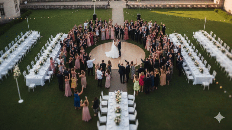Obraz przedstawia realistyczne ujęcie z lotu ptaka wykonane nad dziedzińcem zabytkowego pałacu lub zamku podczas przyjęcia weselnego