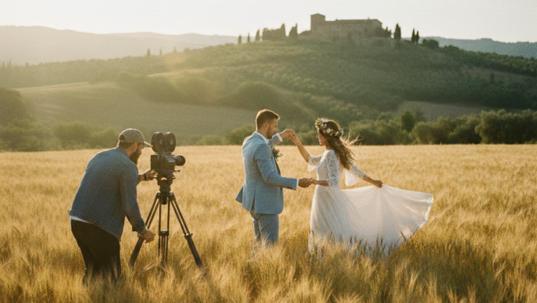 Obraz przedstawia malowniczą, sielankową scenę plenerową, stylizowaną na plan filmowy teledysku ślubnego