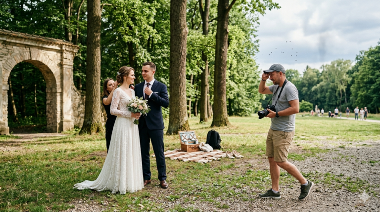 Obraz przedstawia kulisy letniej sesji ślubnej