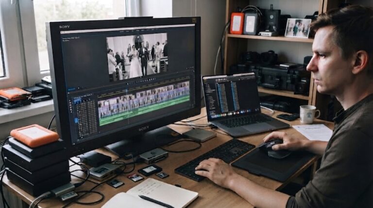 Grafika przedstawia realistyczne, nowoczesne stanowisko pracy montażistsa filmowego lub kamerzysty, który zajmuje się obróbką materiału wideo ze ślubu
